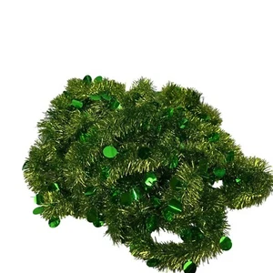 Green Metallic Tinsel Garland With Shiny Discs - 4 Strands 147" Long For Festive - Picture 1 of 3