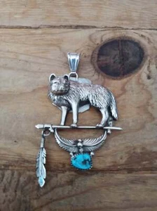 Handcrafted Authentic Navajo Sterling Silver Wolf Pendent with Turquoise - Picture 1 of 1