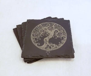 Coasters Natural Slate Stone “Tree of Life” Laser Engraved, Square, Set of 4 - Picture 1 of 4