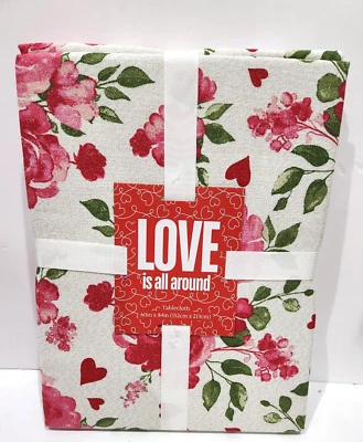 Toalha de mesa Dia dos Namorados rosa vermelho rosas corações 60" x 84" - Imagem 1 de 4