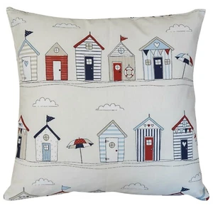 Beach Hut Cushion. Double Sided 17"x17" Zipped. Nautical Seaside Blue and Red. - Picture 1 of 3