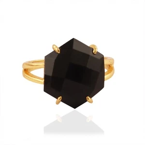 Gemstone Hexagon Shape Black Onyx Gold Plated Rings Handmade Adjustable - Picture 1 of 4
