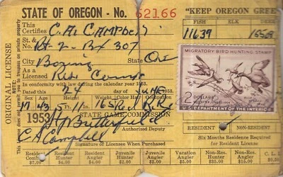 1953 US Dept Agri  $2 Bird Stamp Oregon Game Commission Hunting Fishing License - Image 1 of 2