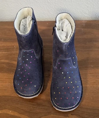 Mini Boden Short Leather Boots College Navy Rainbow Spots Size 35 - Image 1 of 4