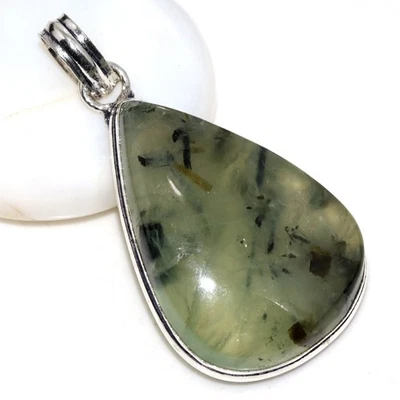 Colgante de piedras preciosas enchapadas en plata 925 de prehnita de musgo 1,7" joyería estética GW Foto 1 de 3