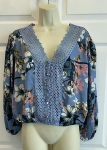 Boston Proper Floral Lace Crochet Trim Boho Peasant Blouse Top Blue Boho Sz S - Picture 1 of 10