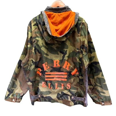 PERRY ELLIS Camo Neon Zip Hooded Windbreaker Large Writing LOGO Men’s L Vtg - Image 1 of 4