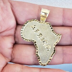 Solid 10k yellow gold Africa map Pendant charm 1.90 inch long diamond cut 