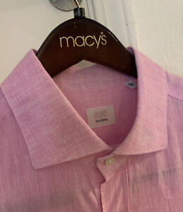 New $295 820 Caliban Pink Linen Long Slv Shirt XL 17 X 35 Italy Made