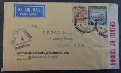 1940 Burma Censor Cover ties 2 stamps cancelled Moulmein to London - image 1 of 2