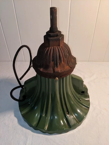Antique 30s Steet Light Green & White Porcelain Shade & Cast Iron needs rewiring Cover