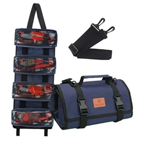Tool Roll Organizer, Tool Roll Bag Pocket 4 Clear Zipper Pockets Large Blue - Picture 1 of 7