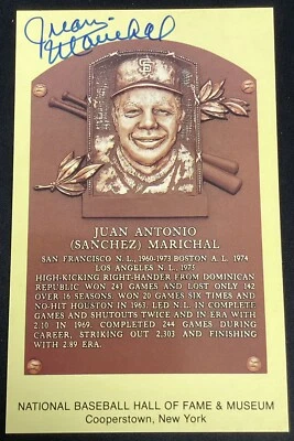 Juan Marichal Signed Gold HOF Plaque Postcard Yellow SF Giants Autograph JSA - Image 1 of 3