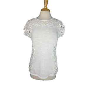 SUNDANCE White Open Crochet Lace Trim Short Sleeve Top Size Small Womens Cotton