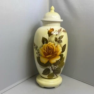 Vintage Künstler signiert Keramik gelbe Rose Ingwer Glas mit Deckel auf Ständer Chinoiserie - Bild 1 von 13