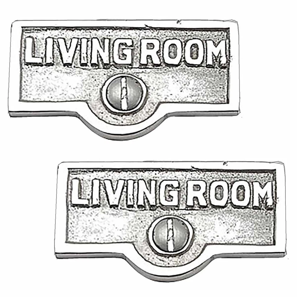 RENOVATORS SUPPLY MANUFACTURING 2 Switch Plate Tags LIVING ROOM Name Sign Labels Chrome Brass | Renovator's Sup