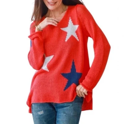 Wooden Ships Red Star Sweater size XS White Blue Patriotic Open Knit Relaxed Fit - Image 1 of 4
