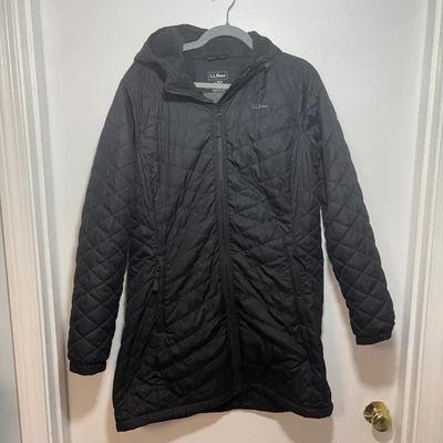 LL Bean Womens Insulated Quilted Long Puffer Coat Black L REG Primaloft Hooded - Image 1 of 4