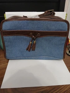 Bolso de Hombro Ajustable Vintage Avon Azul Denim Cuero Marrón Borde  - Imagen 1 de 4