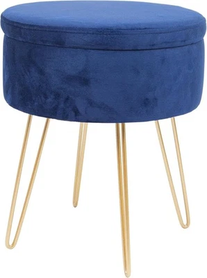 Blue Velvet Round Footstool with Storage & Gold Legs – Modern Vanity Seat - Image 1 of 4