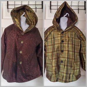 UBU Reversible Taupe Leopard Print Hooded Raincoat Reverses to Plaid Grunge Smal - Picture 1 of 22