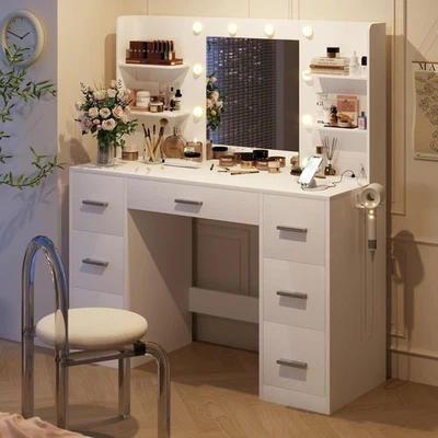 Vanity Desk w/ Mirror & 10 Lights Makeup Table w/ 7 Drawers Power Outlet 3 Modes - Image 1 of 4