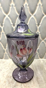 Fenton Apothecary Candy Dish with Lid Museum Collection Purple  Flowers Signed - Picture 1 of 24