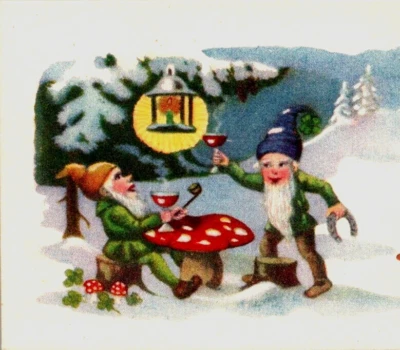 Elves Gnomes Drink Wine on Mushroom Happy New Year Victorian Greeting Card - Image 1 of 3