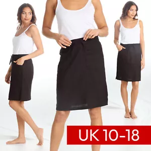 Womens Linen Knee Length Black Summer Pencil Skirt Pockets Elastic Waist 10-18 - Picture 1 of 8