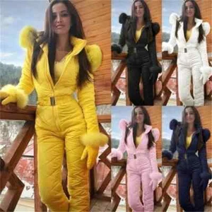 Women's Snowsuit One Piece Ski Suit Jumpsuits Fur Collar With Hood Ski Jackets - Picture 1 of 15