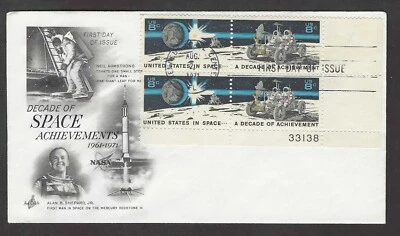 #1434-1435 8c Decade of Space Achievement- Plate Block #33138 -ArtCraft FDCPB4 - Image 1 of 2