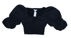 Topshop Puff Sleeve Taffeta Blouse Black Corset Top Cropped Womens US 6 - Picture 1 of 8