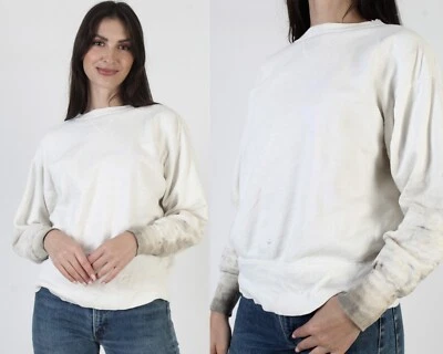 Vtg 50s Single V Sweatshirt Plain White 60s Distressed Solid Color Crewneck - Image 1 of 4