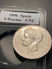 1896 5 Pesetas Spain World Silver Crown Size Coin - Alfonso XIII - w/ Case!