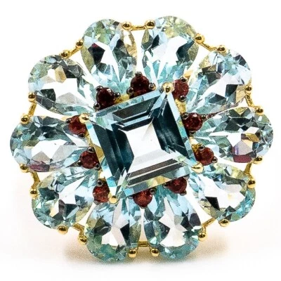 12.19ctNatural Red Sapphire Sky Blue Topaz Flower Ring 925 Sliver in Gold Plated - Image 1 of 4