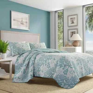 King Quilt Set Beach Blue Floral Coastal Bahama Tropical Vibe Lightweight 3Piece - Picture 1 of 24