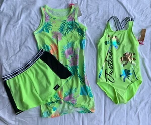 Justice Girls Size Medium 10 Bathing Suit & Cover up Dress Shorts 3pc Neon Logo - Picture 1 of 4