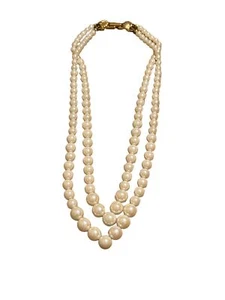 Vintage Richelieu double strand necklace faux pearl v shaped gold tone fold over - Picture 1 of 5