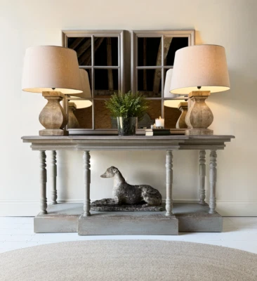 Large Breakfront Console Table With Drawer - Quiet Grey / Reclaimed Elm Top - Image 1 of 4