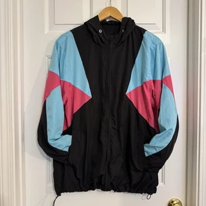 MADHERO Men’s Black/Pink/Turquoise Hooded Full Zip Windbreaker 90’s Style - Picture 1 of 11