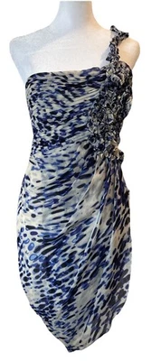 NWT BCBG MAXAZRIA SILK CHIFFON ONE-SHOULDER Blue & White Pleated DRESS C SZ 12 - Image 1 of 4