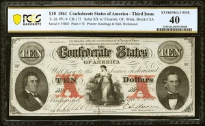 T26 $10 1861 PF-9 Cr. 175 PCGS Banknote Extremely Fine 40 - Picture 1 of 2