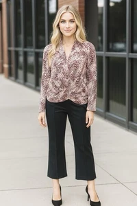 EXPRESS Gr. XL Large weiß rosa braun Bluse Shirt Puffärmel vorne crossover - Bild 1 von 8
