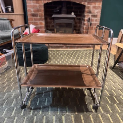 Mid Century Modern Side Table Bar Cart Tea Cocktail Serving Trolley Danish Folds - Image 1 of 4