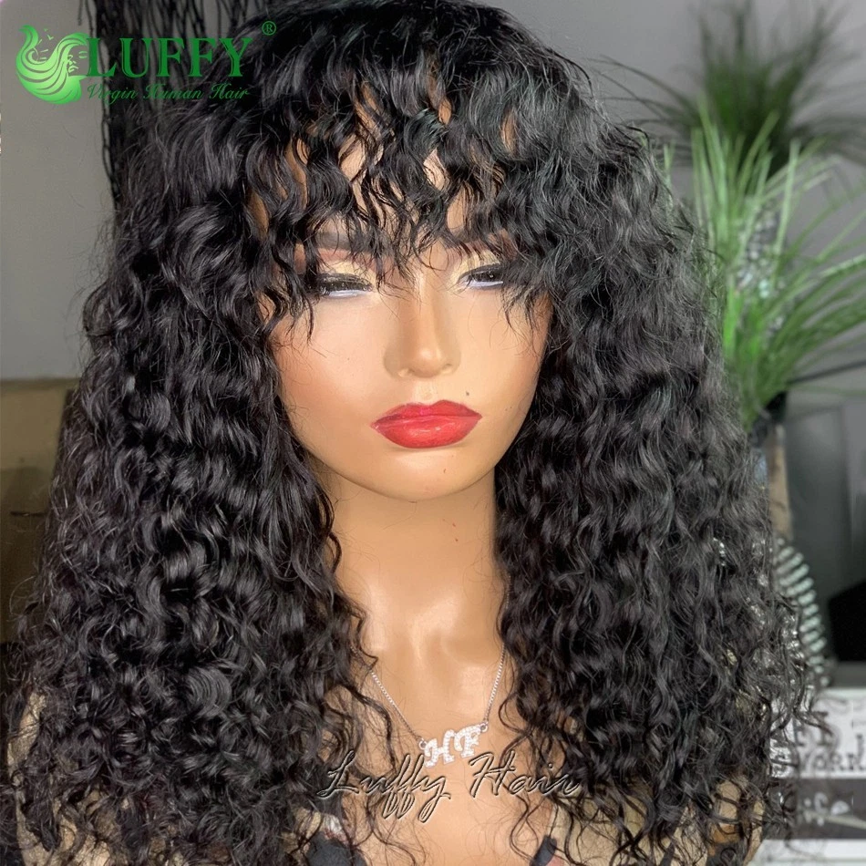 Pelucas de cabello humano brasileño con flequillo con tapa de cuero cabelludo rizado hechas a máquina Foto 1 de 4