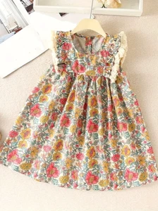 Toddler Girls Pink Dress Flowers 3 4 5 School Flutter Sleeves Floral Crocheted - Picture 1 of 6