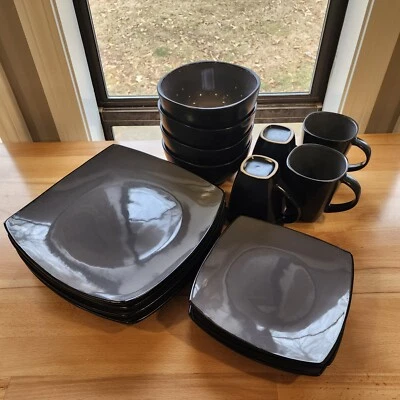 Dinnerware Gibson Square 16-Piece Glaze Matte Gray/Black  Bowls Plates glasses - Image 1 of 4