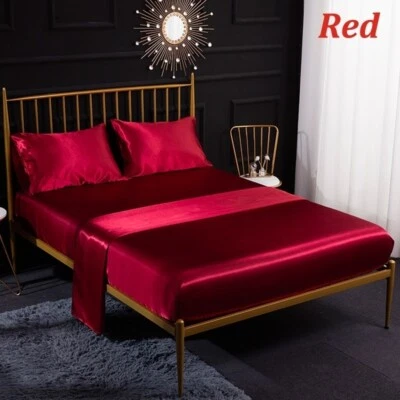 Solid Satin Silk Bedding Set Bed Flat Sheet Fitted Sheet Pillowcase Bedspread - Image 1 of 4