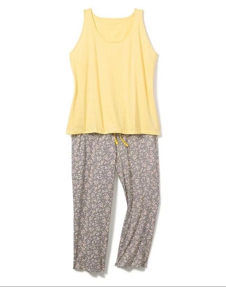 Conjunto de pijama Hanes ComfortSoft Racerback Tank Capri amarelo cinza para dormir médio - Imagem 1 de 1
