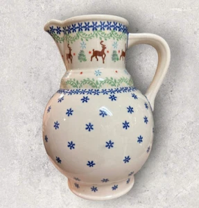 Handmade Boleslawiec Poland Polish Pottery Beige Pitcher Christmas Reindeer 9.5" - Picture 1 of 8